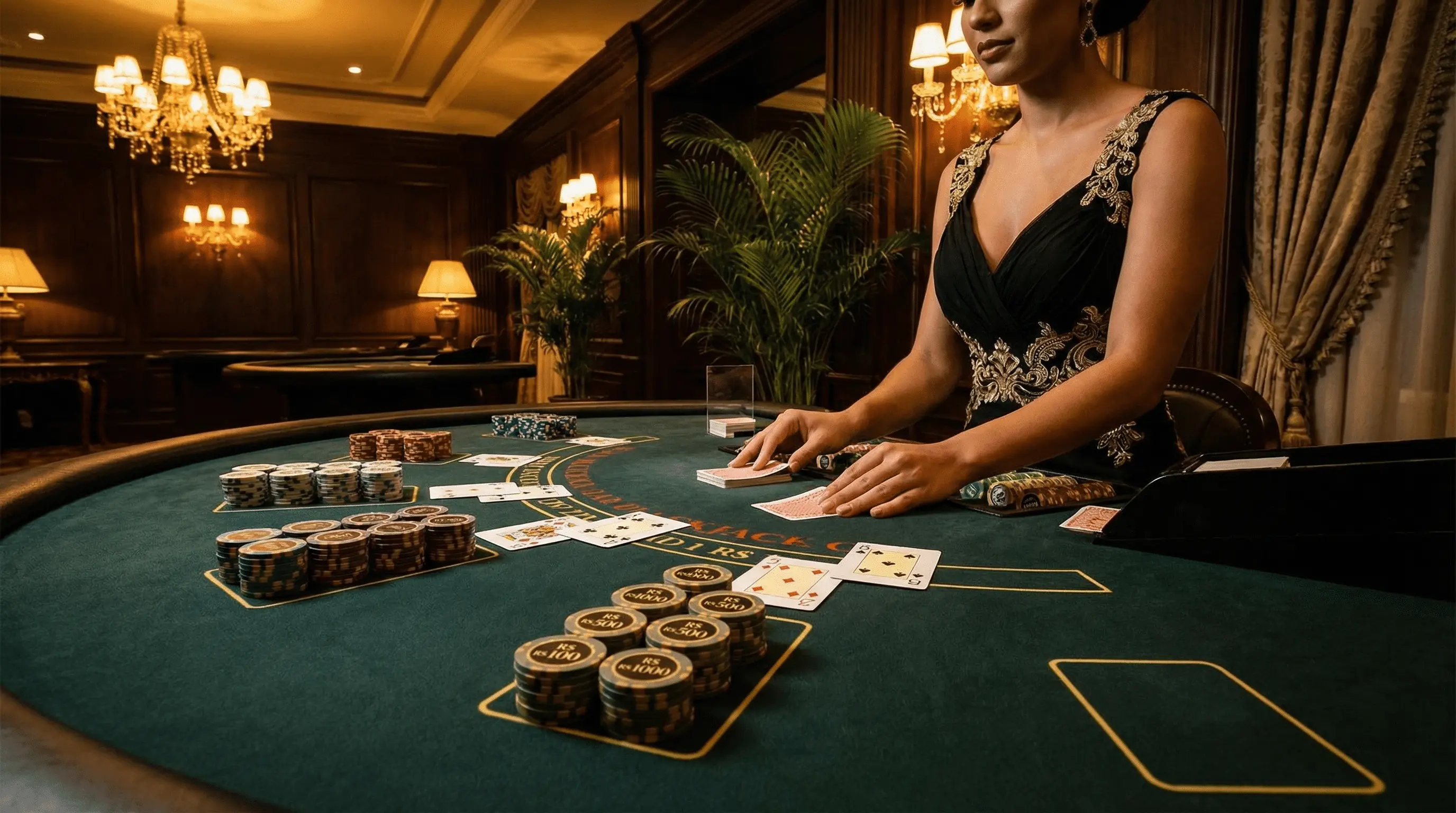 Mesa de blackjack elegante com dealer ao vivo